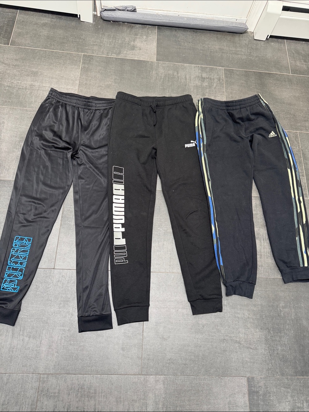 Puma and Adidas Kids Black Jogger Pants with Blue Accents